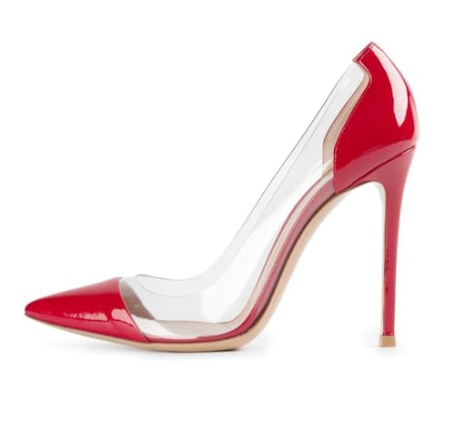 Veelau Meieer Damen High Heels Spitze Pumps Lack Transparente Stöckelschuhe Stiletto Damenschuhe Rot 43 EU von Veelau Meieer