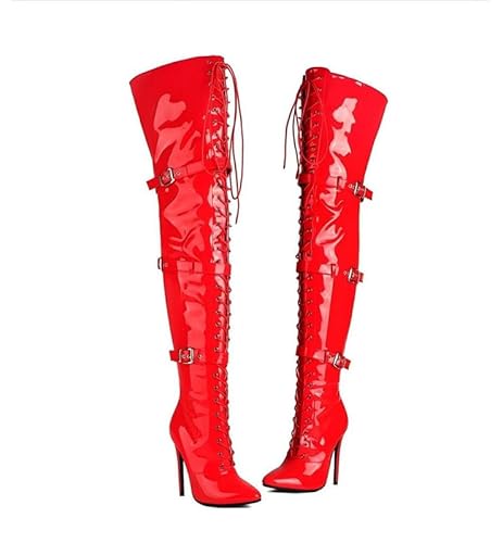 Veelau Meieer Damen Overknee Stiefel Spitze Geschlossene Zehen Stiletto High Heels Lackleder Schnürstiefel mit Schnallen Rot 37 EU von Veelau Meieer