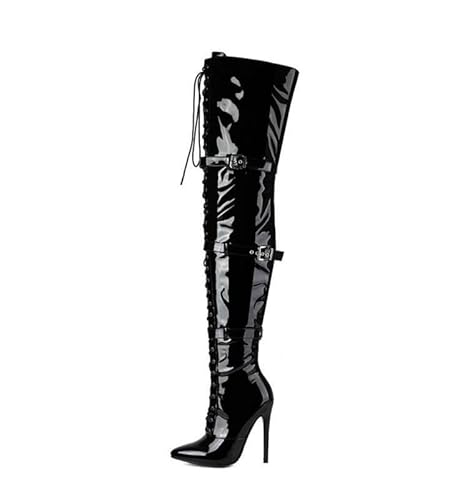Veelau Meieer Damen Overknee Stiefel Spitze Geschlossene Zehen Stiletto High Heels Lackleder Schnürstiefel mit Schnallen Schwarz 36 EU von Veelau Meieer