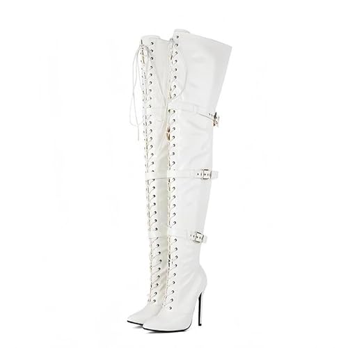 Veelau Meieer Damen Overknee Stiefel Spitze Geschlossene Zehen Stiletto High Heels Lackleder Schnürstiefel mit Schnallen Weiß 41 EU von Veelau Meieer
