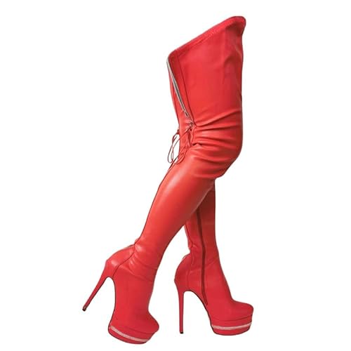 Veelau Meieer Damen Overknee Stiefel mit Plateau Stiletto Reißverschlussstiefel mit Schnürung Stretch Boots Rot 47 EU von Veelau Meieer