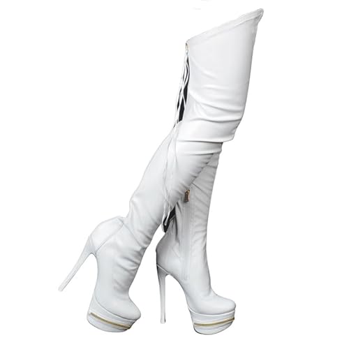 Veelau Meieer Damen Overknee Stiefel mit Plateau Stiletto Reißverschlussstiefel mit Schnürung Stretch Boots Weiß 39 EU von Veelau Meieer