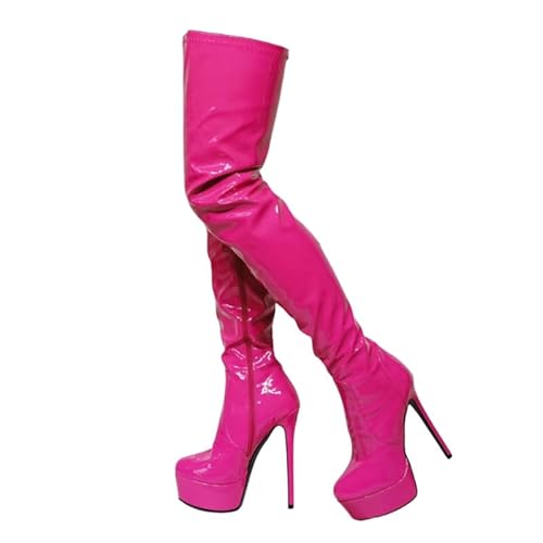 Veelau Meieer Damen Overknees Plattform Pfennigabsatz Stiefel Über-Knie High Heels mit Langem Reißverschluss Pink 43 EU von Veelau Meieer