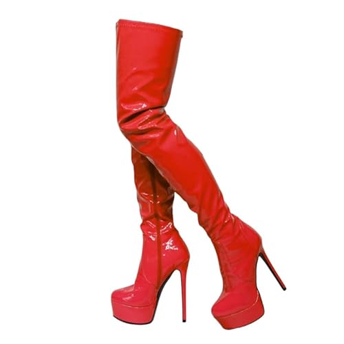 Veelau Meieer Damen Overknees Plattform Pfennigabsatz Stiefel Über-Knie High Heels mit Langem Reißverschluss Rot 45 EU von Veelau Meieer