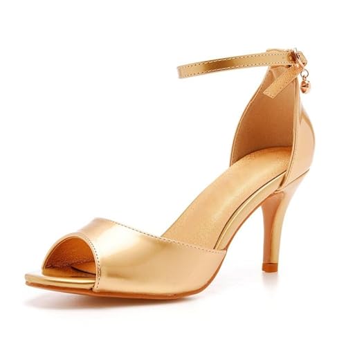 Veelau Meieer Damen Peeptoe Sandaletten Kitten Heel Sandalen mit Verstellbarer Knöchelriemen und Strassanhänger Gold 41 EU von Veelau Meieer