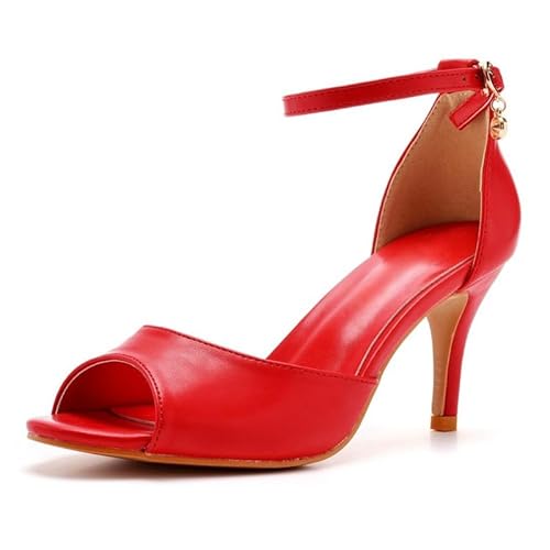 Veelau Meieer Damen Peeptoe Sandaletten Kitten Heel Sandalen mit Verstellbarer Knöchelriemen und Strassanhänger Rot 39 EU von Veelau Meieer