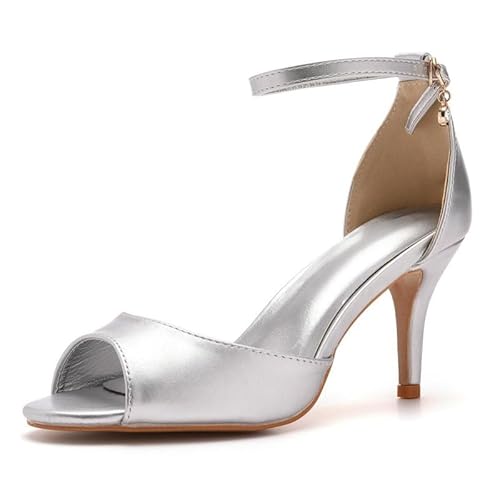Veelau Meieer Damen Peeptoe Sandaletten Kitten Heel Sandalen mit Verstellbarer Knöchelriemen und Strassanhänger Silber 41 EU von Veelau Meieer
