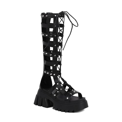 Veelau Meieer Damen Plateau Gladiator Sandalen Römersandalen zum Schnüren mit Nieten Reißverschluss Glattleder Schwarz 39 EU Veelau Meieer Damen Plateau Gladiator Sandalen Römersandalen zum Schnüren mit Nieten Reißverschluss Glattleder Schwarz 39 EU von Veelau Meieer