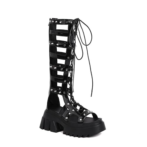 Veelau Meieer Damen Plateau Gladiator Sandalen Römersandalen zum Schnüren mit Nieten Reißverschluss Lackleder Schwarz 36 EU Veelau Meieer Damen Plateau Gladiator Sandalen Römersandalen zum Schnüren mit Nieten Reißverschluss Lackleder Schwarz 36 EU von Veelau Meieer