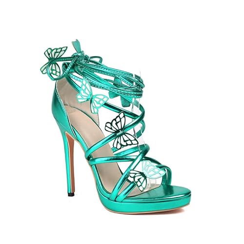 Veelau Meieer Damen Plateau Sandalen mit Stilettoabsatz Schnürsandalen High Heels mit 3D-Schmetterling Grün 38 EU von Veelau Meieer