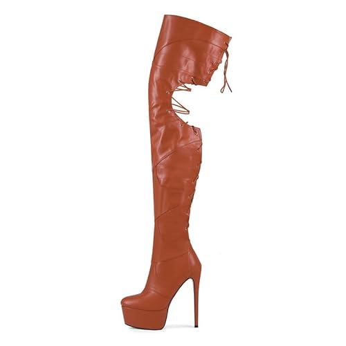 Veelau Meieer Damen Plateau Stiefel Overknee Boots Stiletto High Heels mit Schnürung Reißverschluss Braun 41 EU Veelau Meieer Damen Plateau Stiefel Overknee Boots Stiletto High Heels mit Schnürung Reißverschluss Braun 41 EU von Veelau Meieer