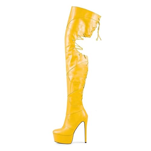 Veelau Meieer Damen Plateau Stiefel Overknee Boots Stiletto High Heels mit Schnürung Reißverschluss Gelb 43 EU von Veelau Meieer