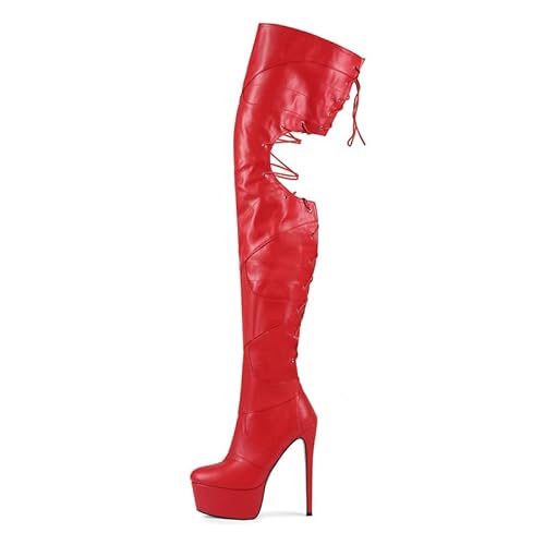 Veelau Meieer Damen Plateau Stiefel Overknee Boots Stiletto High Heels mit Schnürung Reißverschluss Rot 37 EU von Veelau Meieer