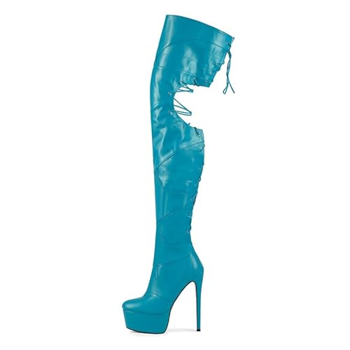 Veelau Meieer Damen Plateau Stiefel Overknee Boots Stiletto High Heels mit Schnürung Reißverschluss Türkis 40 EU von Veelau Meieer