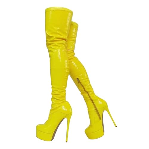 Veelau Meieer Damen Plateau Stiletto Stiefel aus Lackleder Über-Knie High Heels Overknee mit Reißverschluss Gelb 38 EU von Veelau Meieer