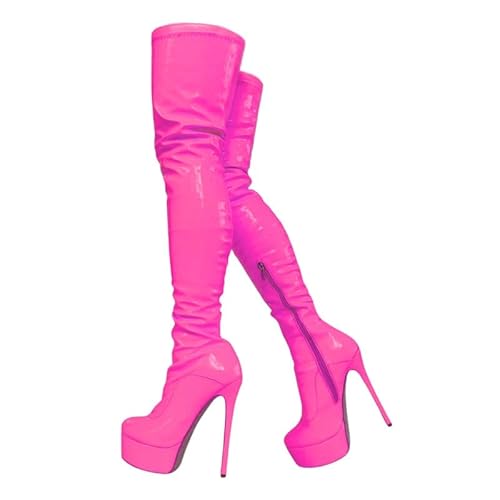 Veelau Meieer Damen Plateau Stiletto Stiefel aus Lackleder Über-Knie High Heels Overknee mit Reißverschluss Pink 37 EU von Veelau Meieer