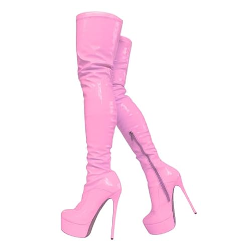 Veelau Meieer Damen Plateau Stiletto Stiefel aus Lackleder Über-Knie High Heels Overknee mit Reißverschluss Rosa 39 EU von Veelau Meieer