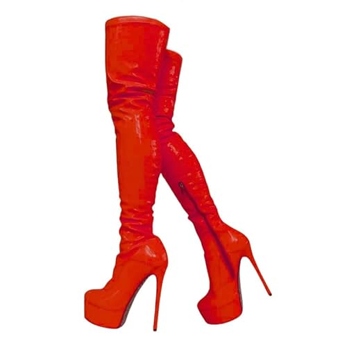 Veelau Meieer Damen Plateau Stiletto Stiefel aus Lackleder Über-Knie High Heels Overknee mit Reißverschluss Rot 38 EU von Veelau Meieer