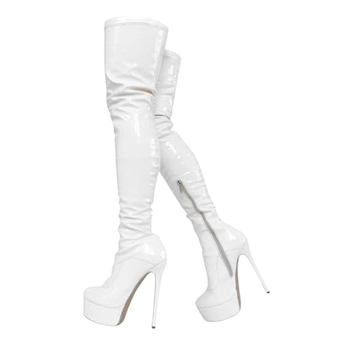 Veelau Meieer Damen Plateau Stiletto Stiefel aus Lackleder Über-Knie High Heels Overknee mit Reißverschluss Weiß 37 EU von Veelau Meieer