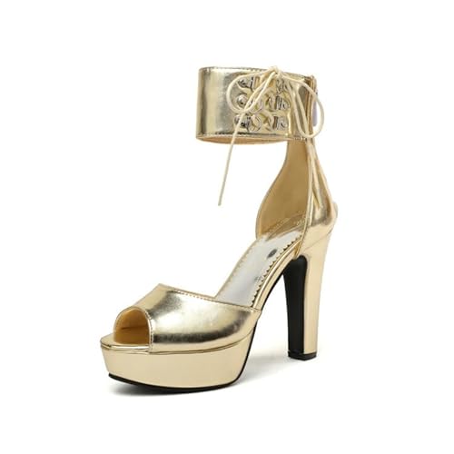 Veelau Meieer Damen Plateausandalen mit Runder Peeptoe Lack High Heels mit Blockabsatz D-Ring Knöchelriemen Gold 40 EU von Veelau Meieer