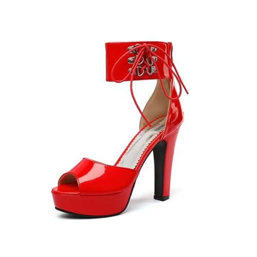 Veelau Meieer Damen Plateausandalen mit Runder Peeptoe Lack High Heels mit Blockabsatz D-Ring Knöchelriemen Rot 42 EU von Veelau Meieer