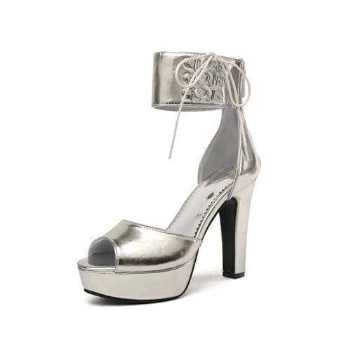 Veelau Meieer Damen Plateausandalen mit Runder Peeptoe Lack High Heels mit Blockabsatz D-Ring Knöchelriemen Silber 37 EU von Veelau Meieer