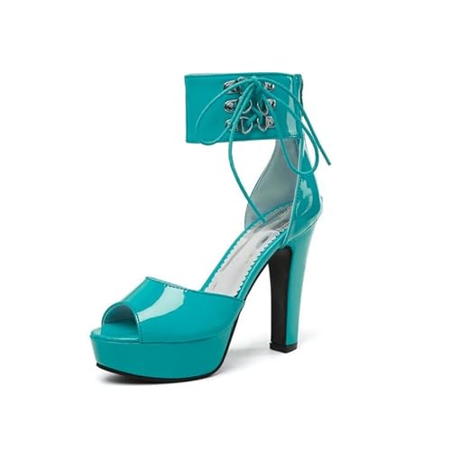 Veelau Meieer Damen Plateausandalen mit Runder Peeptoe Lack High Heels mit Blockabsatz D-Ring Knöchelriemen Türkis 38 EU von Veelau Meieer
