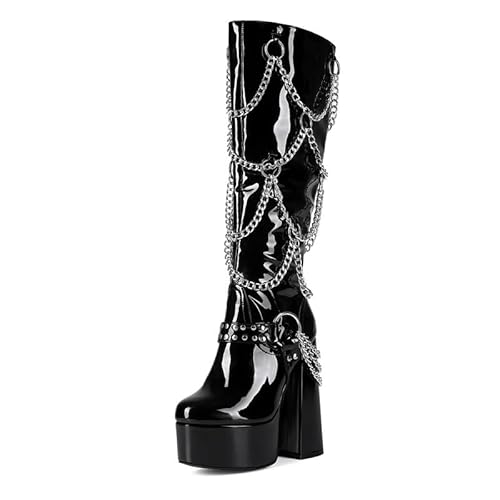 Veelau Meieer Damen Plattform Kniehohe Stiefel Punk Gothic Boots mit Metallketten Nieten Knöchelriemen Schwarz 36 EU Veelau Meieer Damen Plattform Kniehohe Stiefel Punk Gothic Boots mit Metallketten Nieten Knöchelriemen Schwarz 36 EU von Veelau Meieer