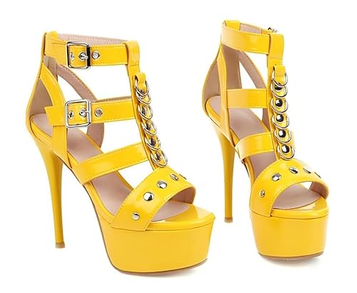 Veelau Meieer Damen Schaftsandalen Gladiator Sandalen Plattform Stiletto Sandaletten mit Nieten D-Ring und Schnallen Gelb 42 EU von Veelau Meieer