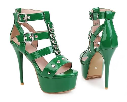 Veelau Meieer Damen Schaftsandalen Gladiator Sandalen Plattform Stiletto Sandaletten mit Nieten D-Ring und Schnallen Grün 36 EU von Veelau Meieer