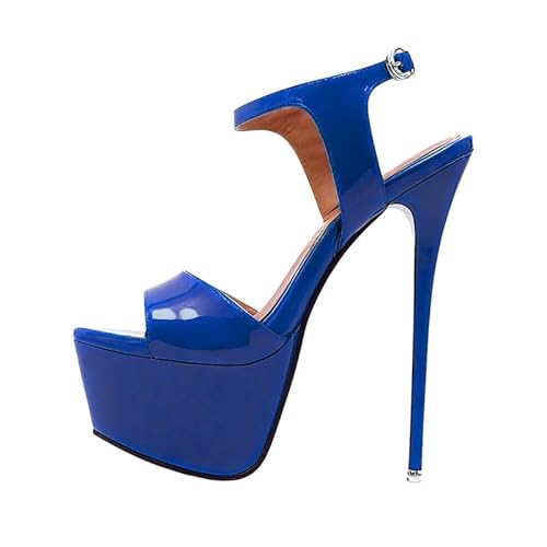 Veelau Meieer Damen Sky High Heels Lackleder Plateau Stiletto Sandaletten mit Slingback Verstellbarer Knöchelschnalle Blau 44 EU Veelau Meieer Damen Sky High Heels Lackleder Plateau Stiletto Sandaletten mit Slingback Verstellbarer Knöchelschnalle Blau 44 EU von Veelau Meieer
