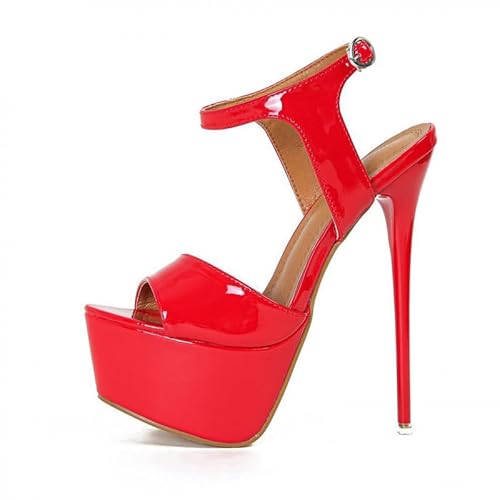 Veelau Meieer Damen Sky High Heels Lackleder Plateau Stiletto Sandaletten mit Slingback Verstellbarer Knöchelschnalle Rot 36 EU von Veelau Meieer