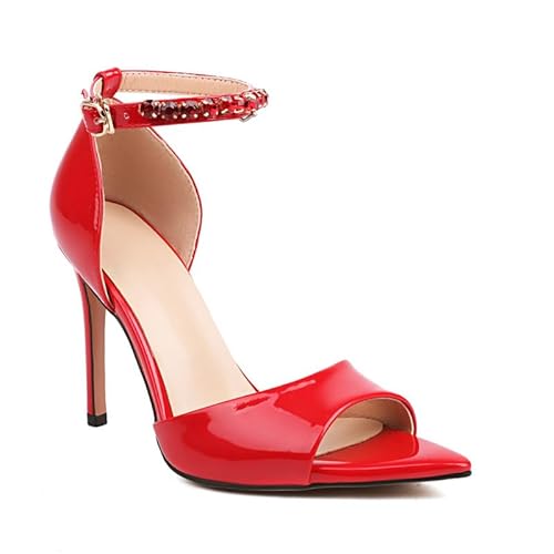 Veelau Meieer Damen Spitze High Heels Pumps Peeptoe Stiletto Sandalen mit Strassverzierung Rot 41 EU von Veelau Meieer