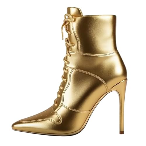 Veelau Meieer Damen Spitze Stiefeletten Stiletto Schnürstiefeletten Sportliche High Heels Gold 45 EU von Veelau Meieer
