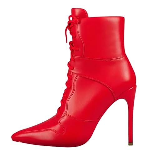 Veelau Meieer Damen Spitze Stiefeletten Stiletto Schnürstiefeletten Sportliche High Heels Rot 40 EU von Veelau Meieer