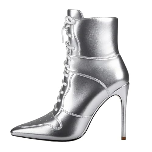 Veelau Meieer Damen Spitze Stiefeletten Stiletto Schnürstiefeletten Sportliche High Heels Silber 37 EU von Veelau Meieer