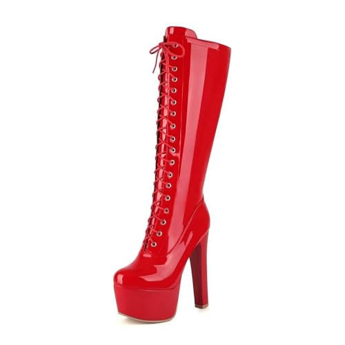 Veelau Meieer Damen Stiefel Kniehoch Plateaustiefel Schnürstiefel mit Plateau Blockabsatz Rot 44.5 EU von Veelau Meieer