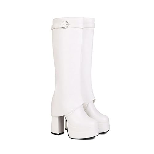 Veelau Meieer Damen Stiefel Plateau Blockabsatz Schlupfstiefel Knee High Boots Lederoptik Weiß 37 EU von Veelau Meieer