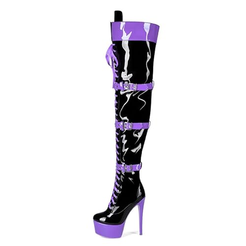 Veelau Meieer Damen Stiefel Plattform Stiletto Schnürstiefel Punk Motorrad Overknees Lackstiefel Schenkelhoch Violett 40 EU von Veelau Meieer
