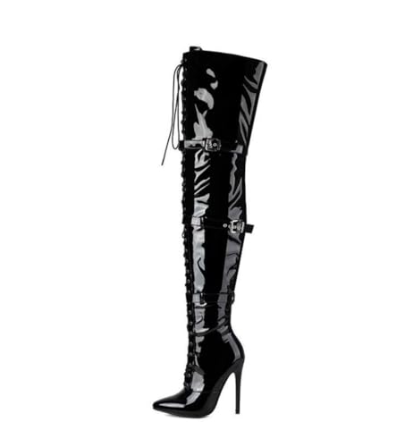 Veelau Meieer Damen Stiefel Stiletto Schnürstiefel Motorrad Overknees mit Riemen Schnallen Reißverschluss Metallic Schwarz 46 EU von Veelau Meieer