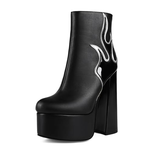 Veelau Meieer Damen Stiefeletten Plateau Knöchelhohe Stiefel Blockabsatz Chunky Ankle Boots mit Flammenmuster Punk Glatt und Lack Schwarz Silber 41 EU Veelau Meieer Damen Stiefeletten Plateau Knöchelhohe Stiefel Blockabsatz Chunky Ankle Boots mit Flammenmuster Punk Glatt und Lack Schwarz Silber 41 EU von Veelau Meieer