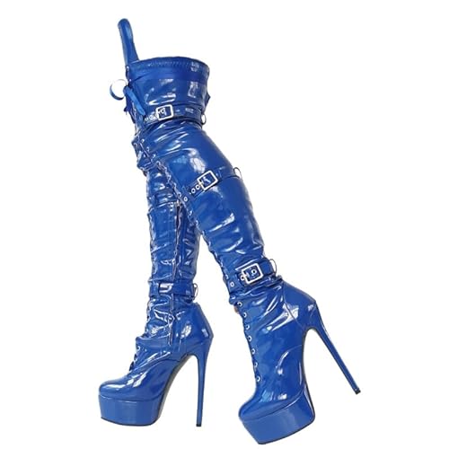 Veelau Meieer Plateau Stiletto Stiefel für Damen Overknee Schnürstiefel mit Riemen Schnallen und Reißverschluss Blau 44 EU von Veelau Meieer