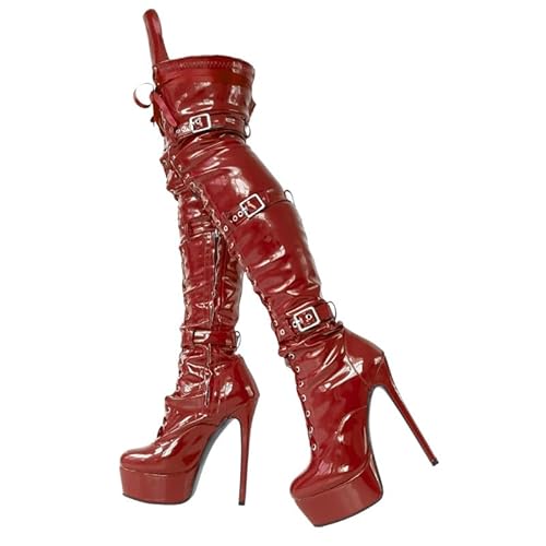 Veelau Meieer Plateau Stiletto Stiefel für Damen Overknee Schnürstiefel mit Riemen Schnallen und Reißverschluss Burgunderrot 46 EU von Veelau Meieer