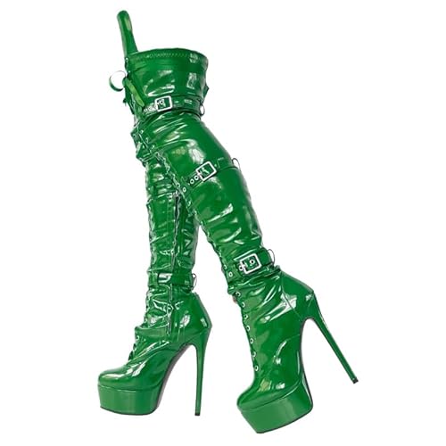 Veelau Meieer Plateau Stiletto Stiefel für Damen Overknee Schnürstiefel mit Riemen Schnallen und Reißverschluss Grün 38 EU von Veelau Meieer