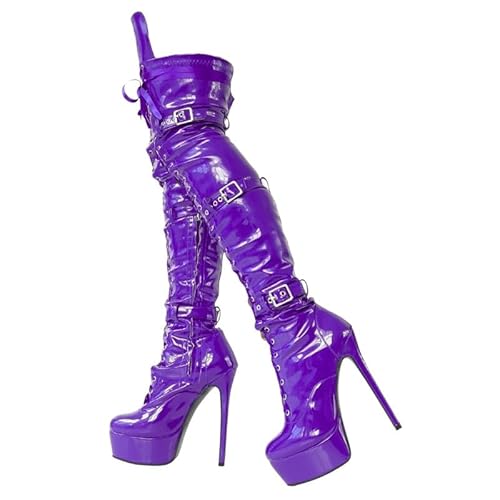 Veelau Meieer Plateau Stiletto Stiefel für Damen Overknee Schnürstiefel mit Riemen Schnallen und Reißverschluss Lila 39 EU von Veelau Meieer