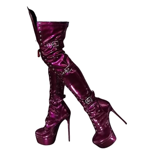 Veelau Meieer Plateau Stiletto Stiefel für Damen Overknee Schnürstiefel mit Riemen Schnallen und Reißverschluss LilaRot 47 EU von Veelau Meieer