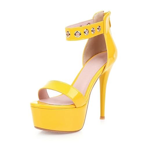 Veelau Meieer Stiletto High Heels Sandalen Plateau Sandaletten mit Knöchelriemen und Reißverschluss Gelb 47 EU von Veelau Meieer