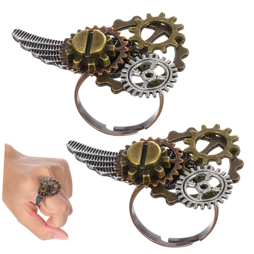 Veemoon 2stücke Vintage Metallringe Kreative Uhrwerkform Legierungsschmuck Punk Stilvoller Flügelzahnrad-fingerring Für Frauen von Veemoon