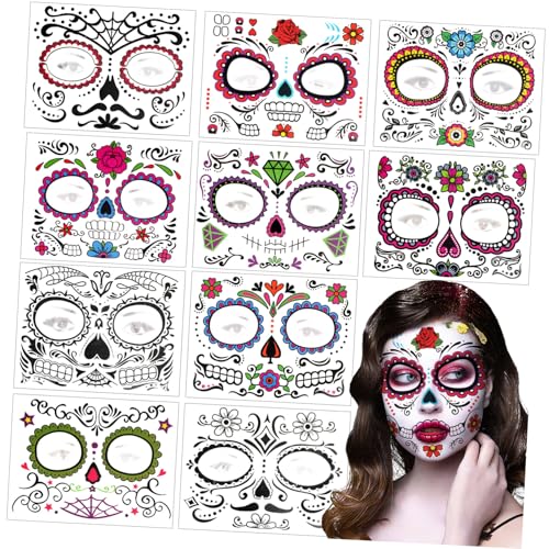 Veemoon 10 Blatt Halloween Schädel Temporäre Aufkleber Gesichtstattoos für Kostümparty Einfach Anzubringen für Unvergessliche Halloween Dekorationen Erschaffe eine Gruselige von Veemoon
