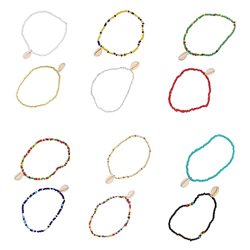 Veemoon 12Stücke Knöchelkette Damen Fußkettchen Fußschmuck Dekoration für Strandpartys Fußkette mit Perlen Anhängern Handgemacht Boho von Veemoon